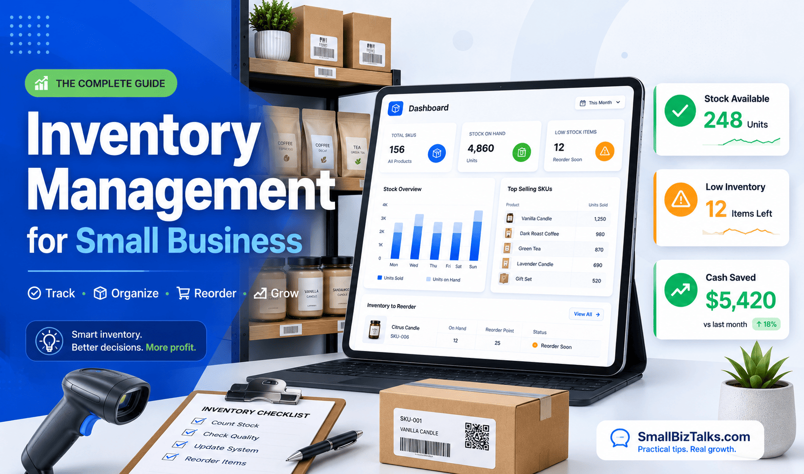 Inventory management for small business featuring inventory dashboard, stock control, barcode scanner, and organized shelves